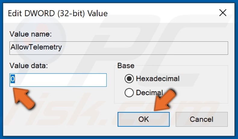 Set the Value data to zero and click OK