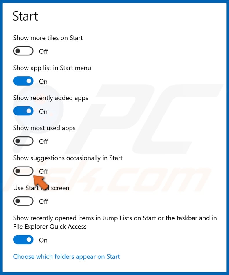 Disable Show notifications occasionally in Start