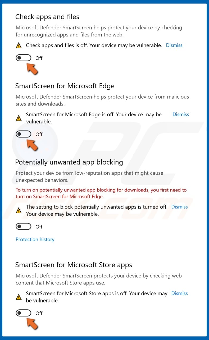 Toggle off Microsoft Defender SmartScreen for apps and files, Microsoft Edge, and Microsoft Store apps