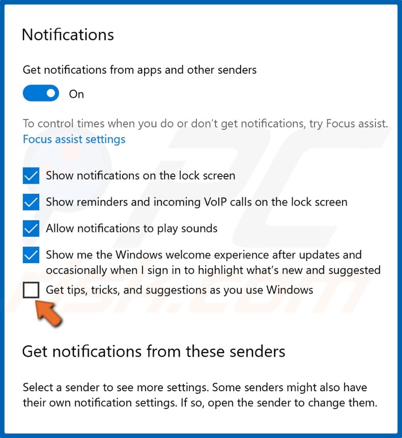 Uncheck Get tips, tricks and suggestions as you use Windows