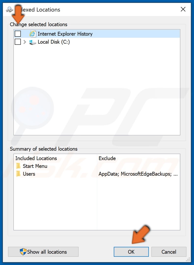 Uncheck all of the locations for indexing and click OK