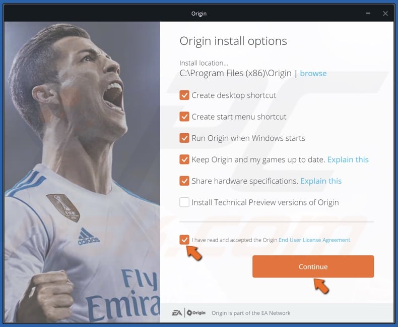 Accept the EULA and click Continue