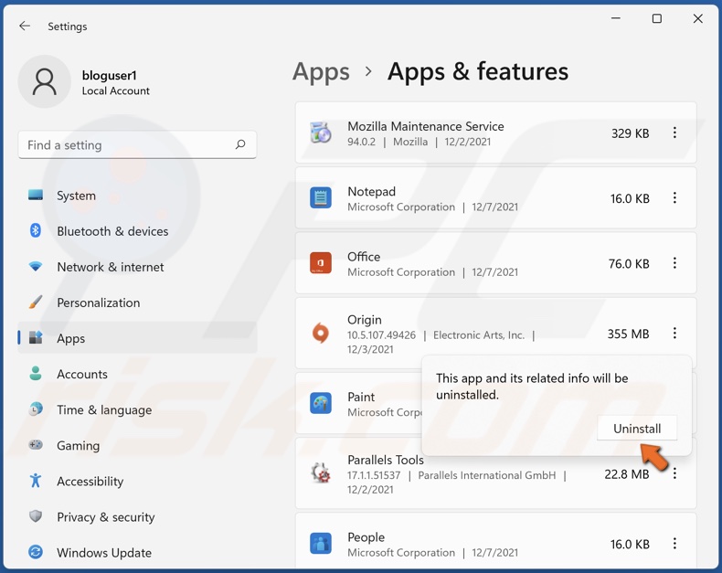 Click Uninstall to confirm the action
