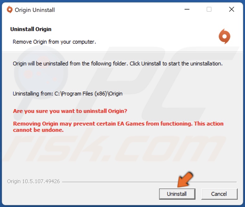 Click Uninstall in the Origin wizard