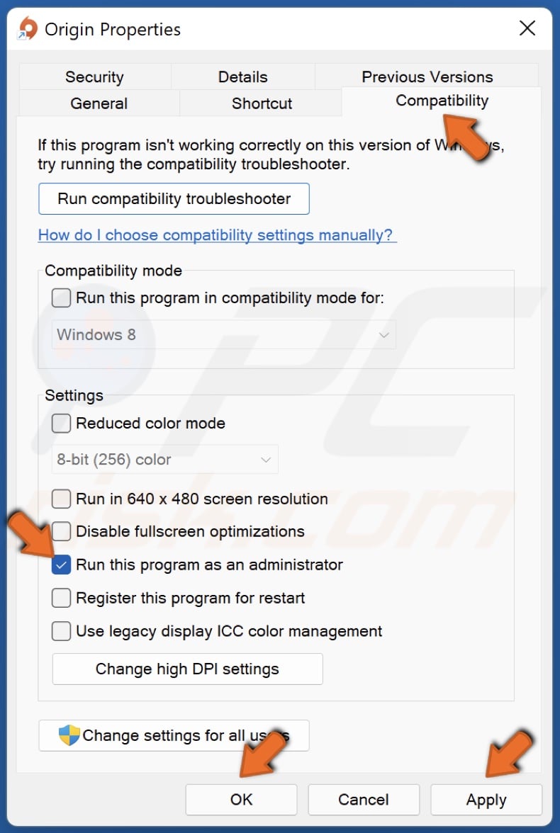 in the Combatibility tab, mark Run this program as an administrator, click Apply and click OK