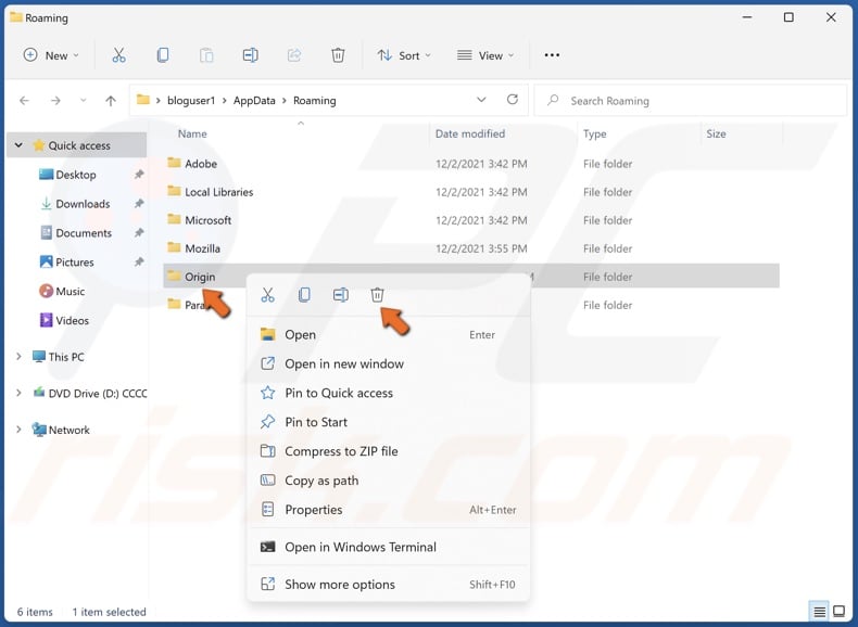 Right-click the Origin folder and click Delete