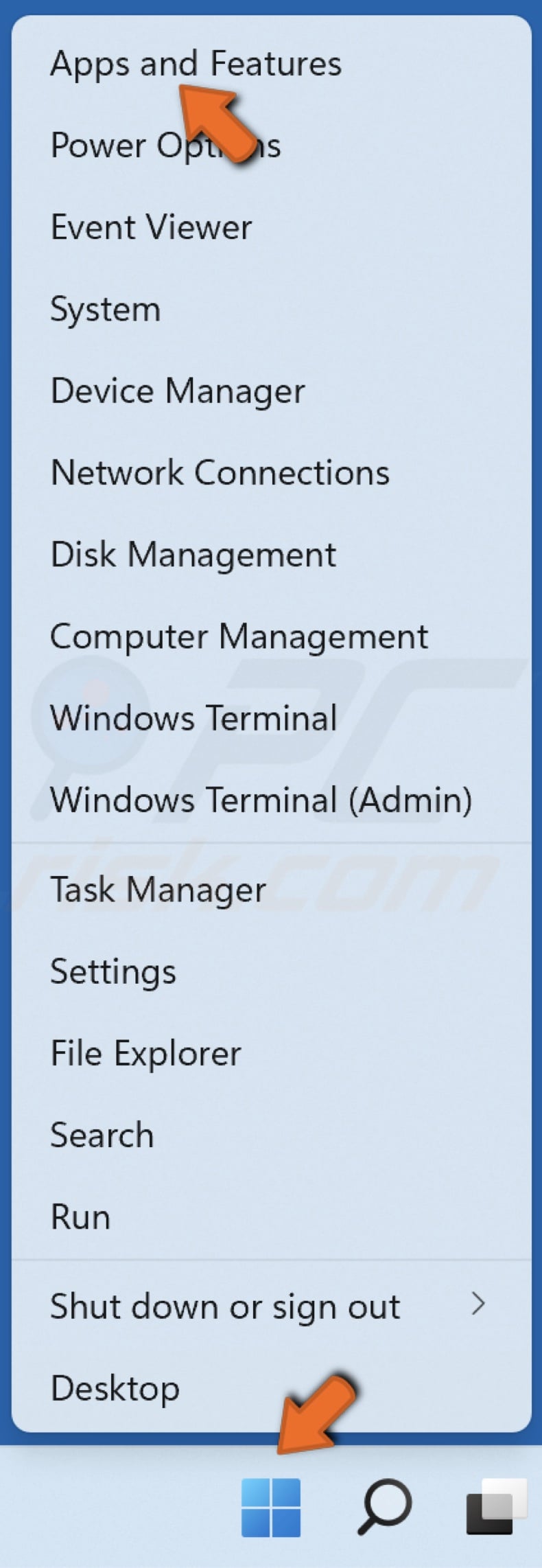 Right-click Start and click Apps and Features