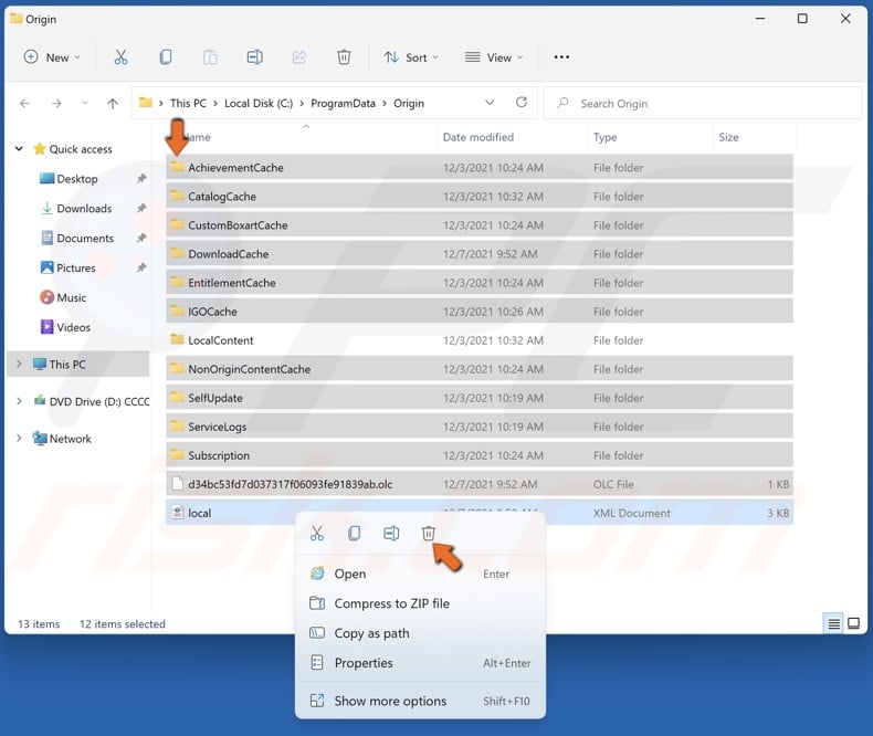 Select all files except the LocalContent folder, right-click them and click Delete
