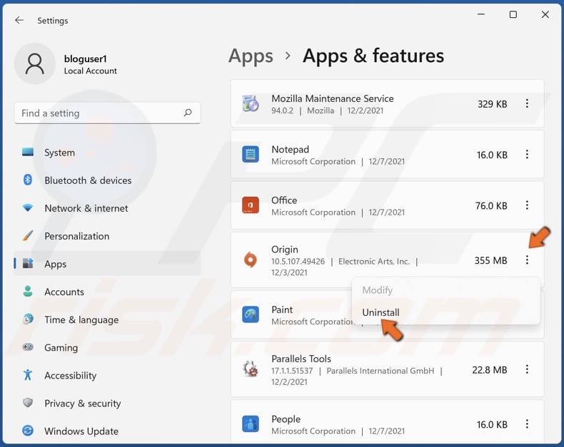 Select Origin and click Uninstall