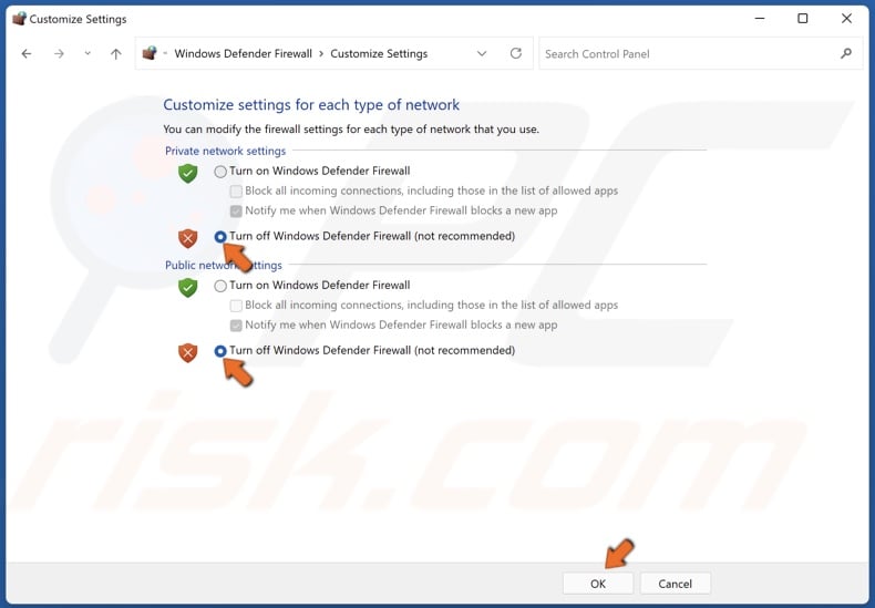 Disable Firewall for both Public and Private networks