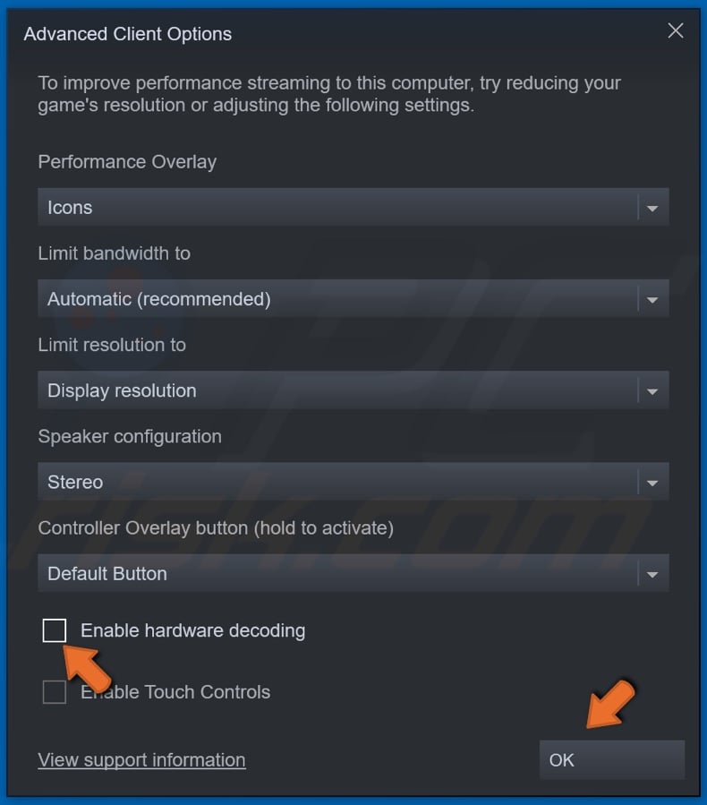 Uncheck the Enable hardware decoding checkbox and click OK