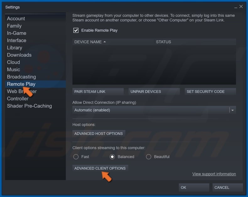 Click Advanced Client Options