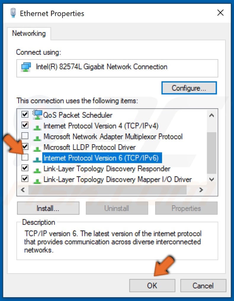 Uncheck the checkbox next to IPv6 and click OK