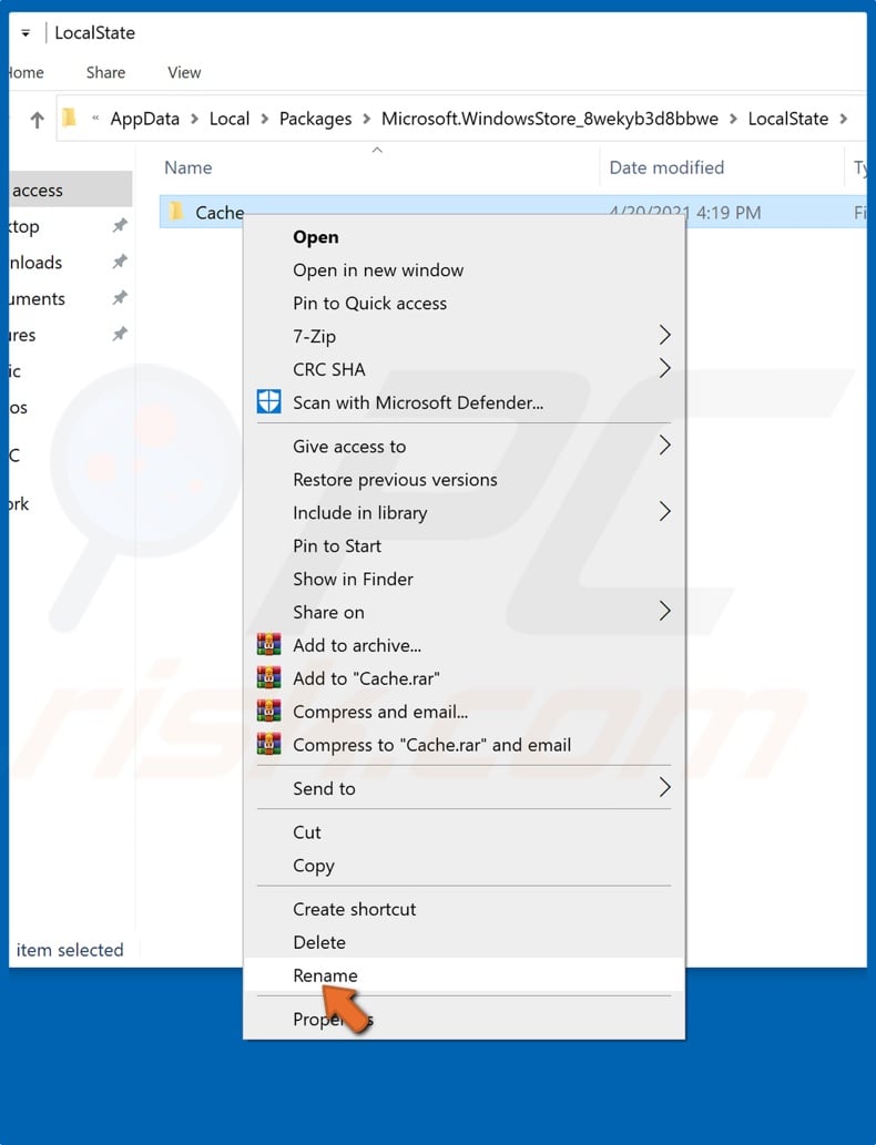 Right-click the Cache folder and click Delete