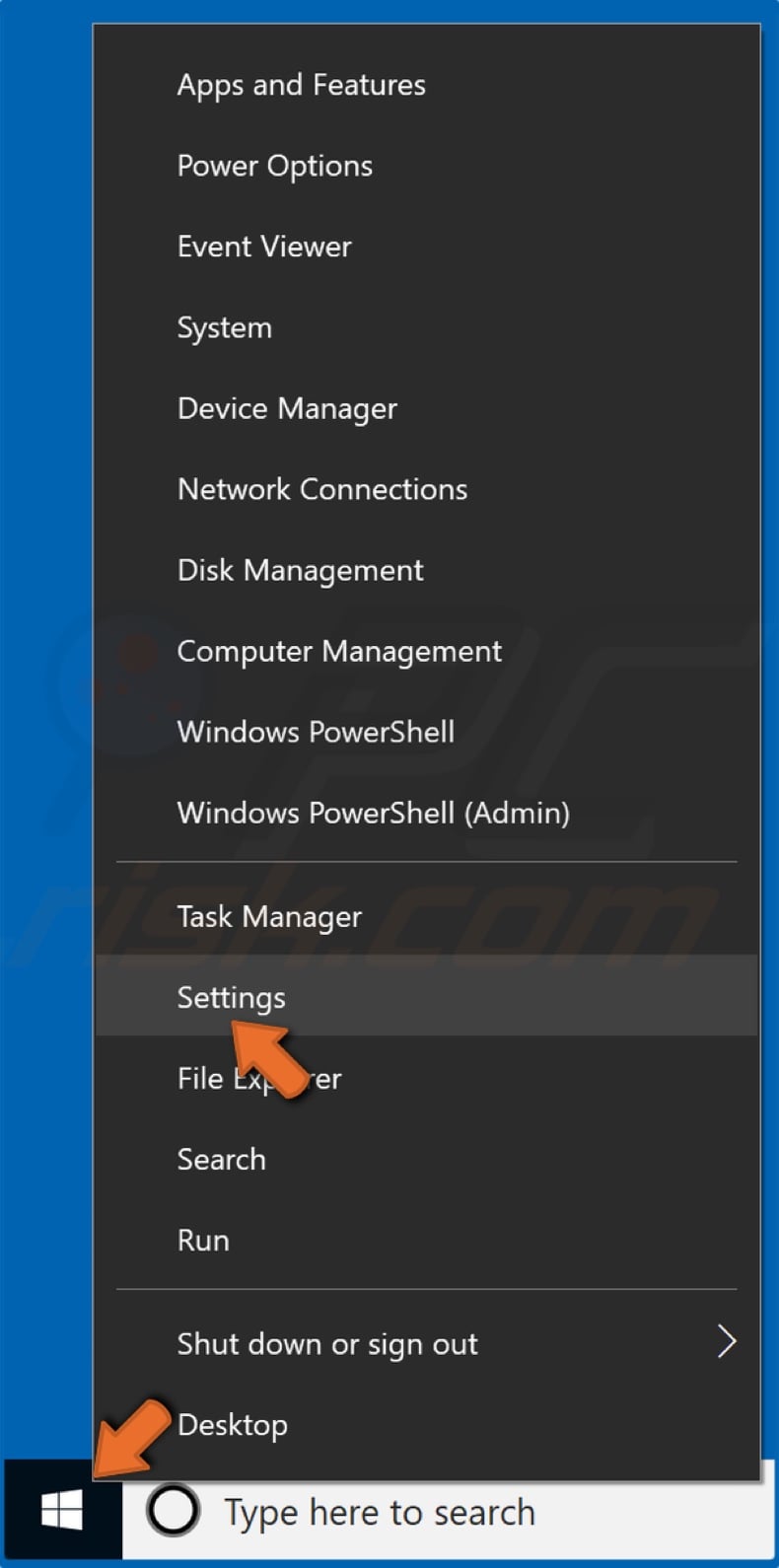 Right-click Start Menu and click Settings
