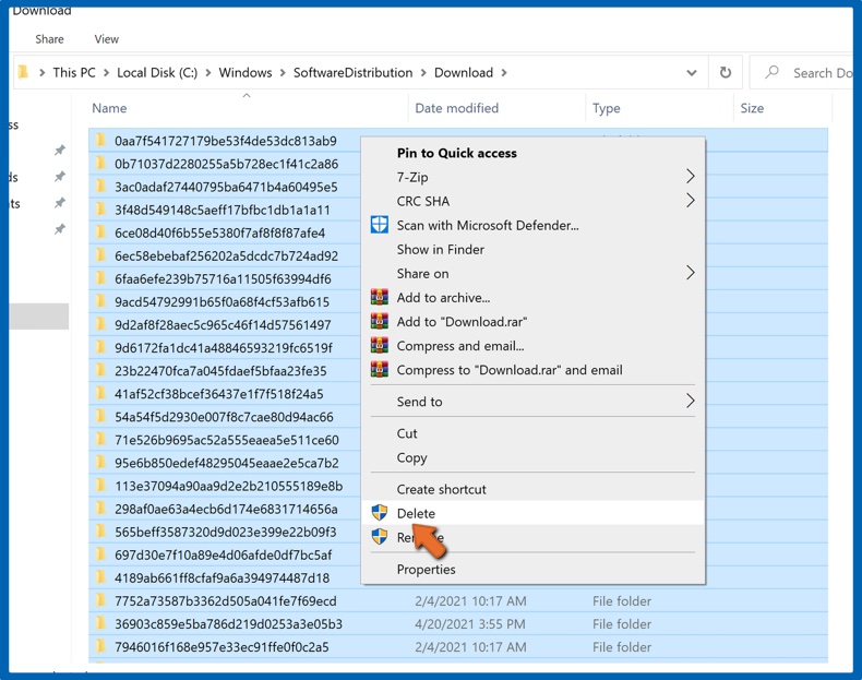 Select all files inside the Download folder and delete them