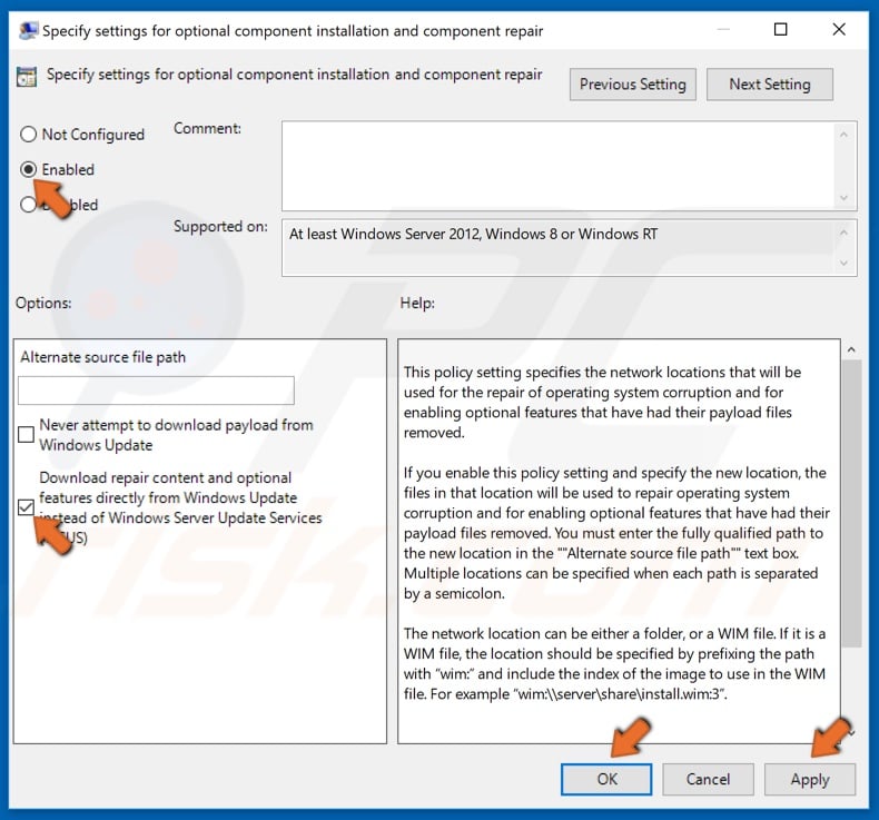 Enable Download Repair Content and options features directly from Windows Update and click OK