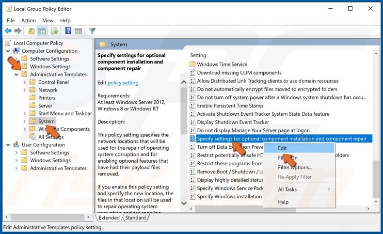 Right-click Specify Settings for Optional Content Installation and click Edit