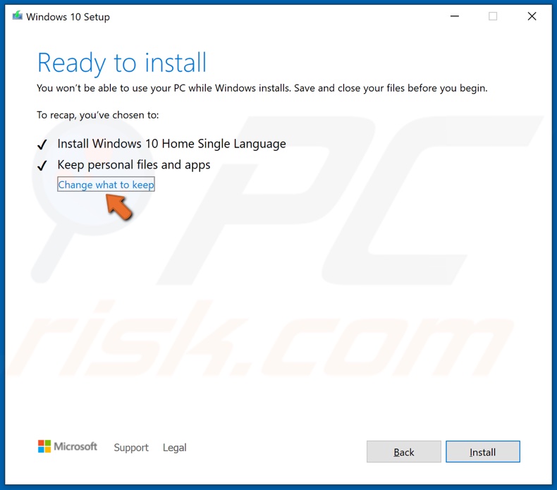 Click Change what to keep