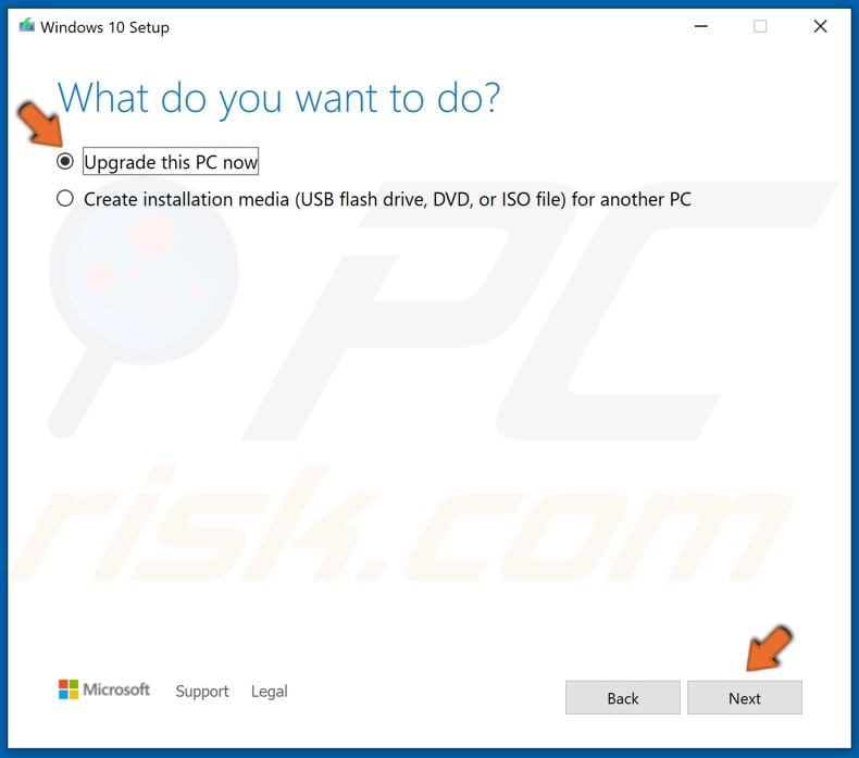 Select Upgrade this PC now and click Next