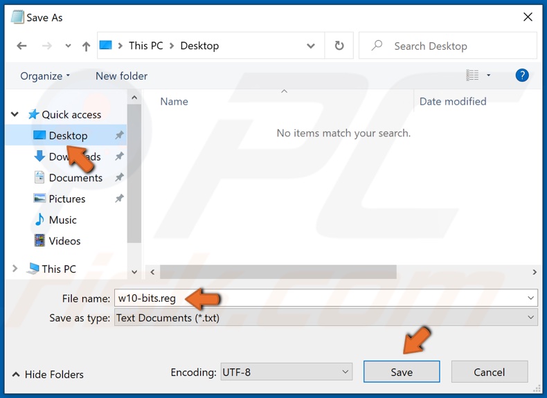 Name the file w10-bits.reg and click Save