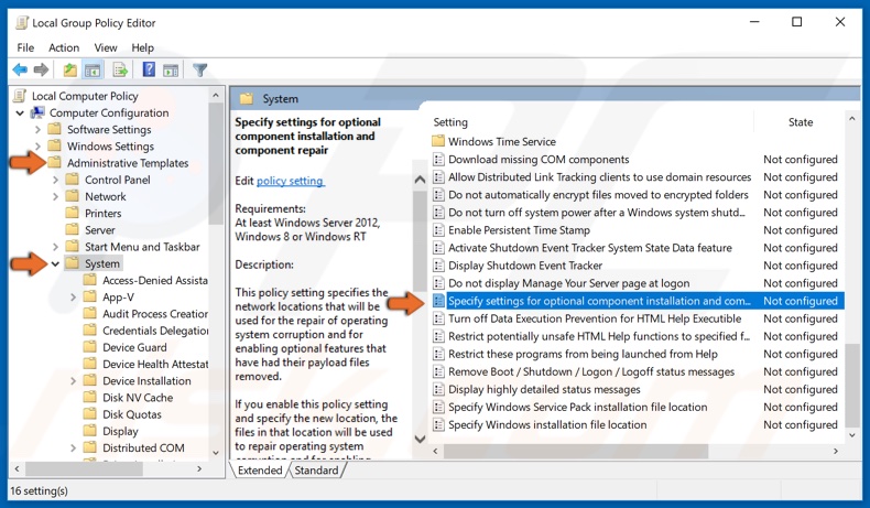 Navigate to the Specify Settings for Optional Content Installation