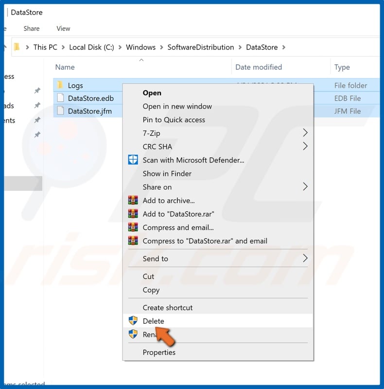 Select all files in DataStore folder and delete them