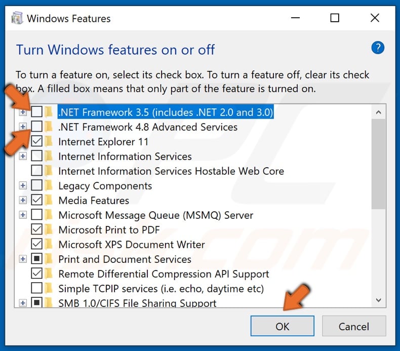 Uncheck .NET Framework 3.5 and .NET Framework 4.8 and click OK
