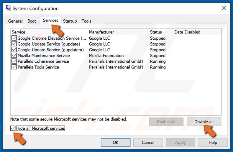 Mark Hide all Microsoft Services and click Disable All
