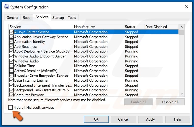 Make sure Hide all Microsoft services checkbox is unmarked