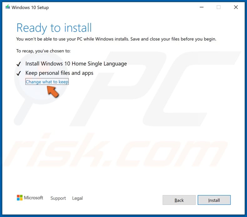 Click Change what to keep