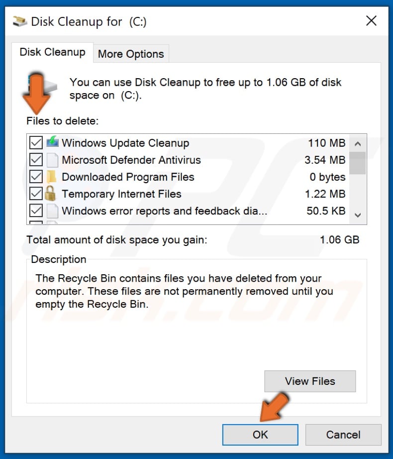 Select the locatios of files to be deleted and click OK