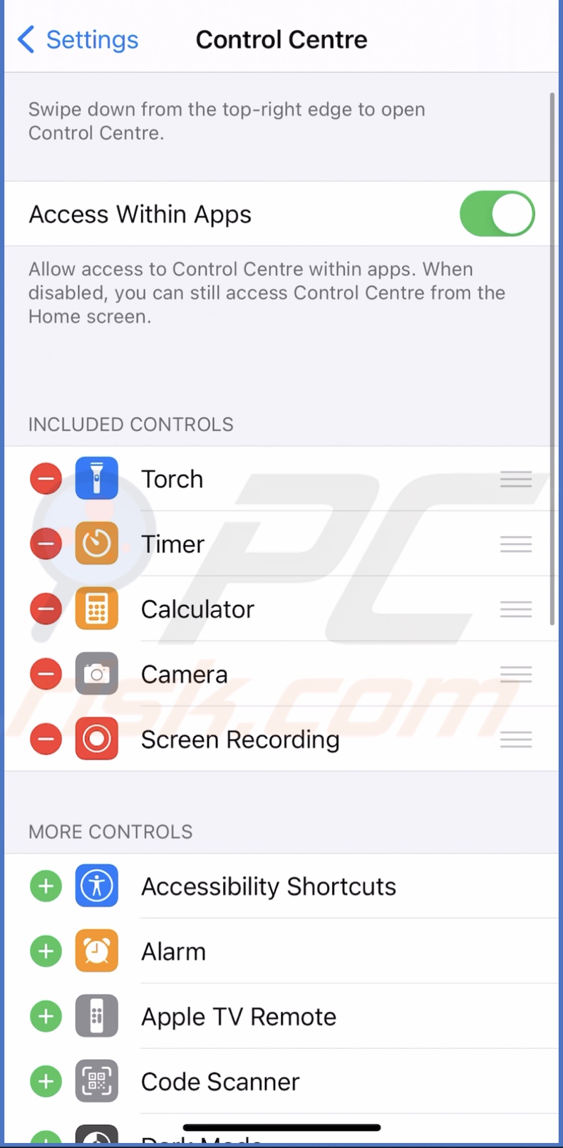 Go to Control Center