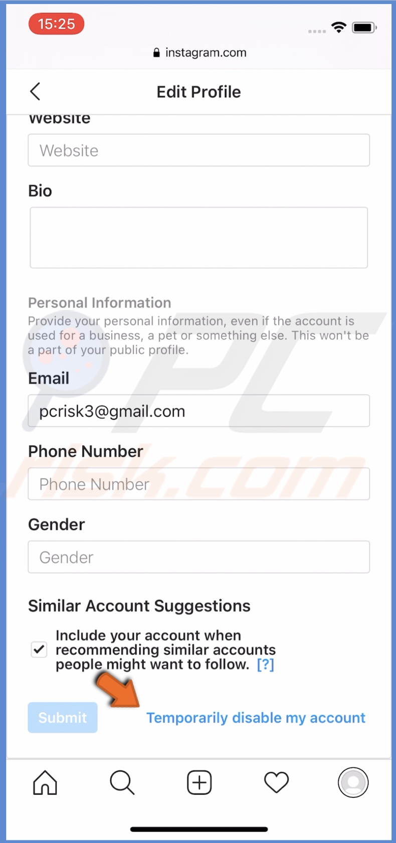 Tap on Temporarily disable my account