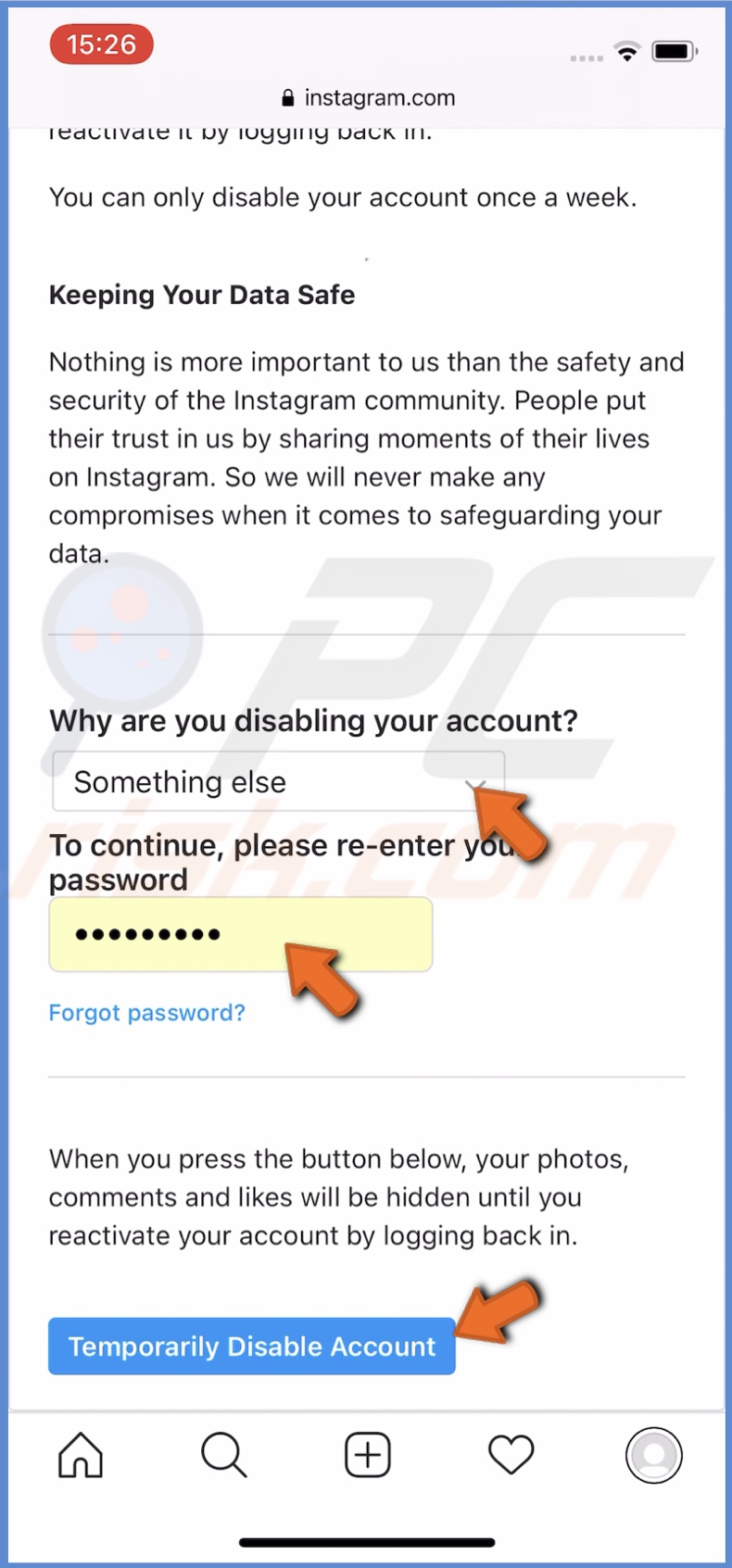 Tap on Temporarily Disable Account