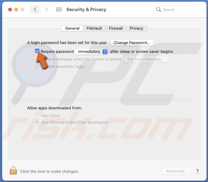 Uncheck the box next to Require Password