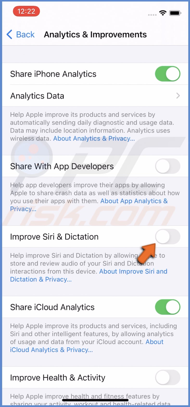Disable Improve Siri & Dictation 