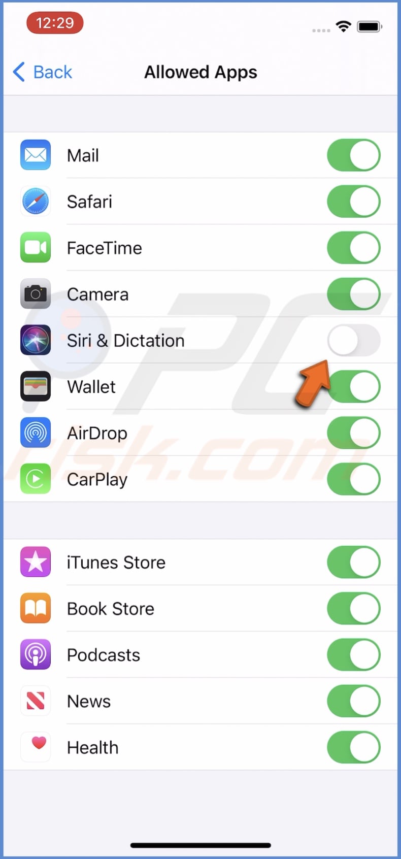 Disable Siri & Dictation