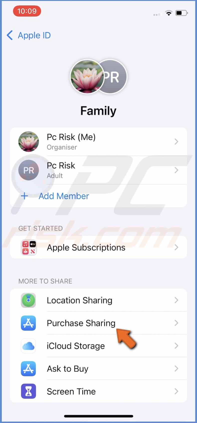 Tap on Purchase Sharing