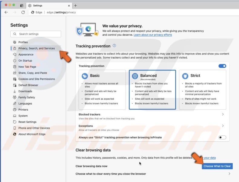 Choose what to clear in Edge