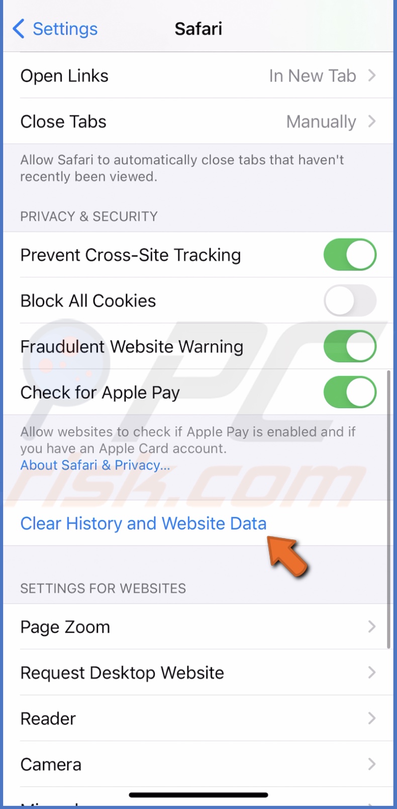 Click on Clear data in Safari