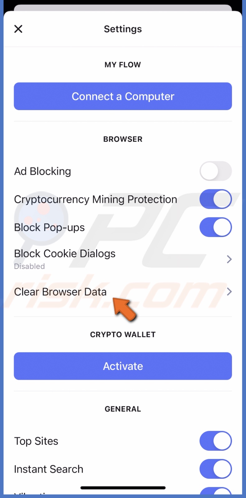 Click on Clear Browsign Data in Opera iOS