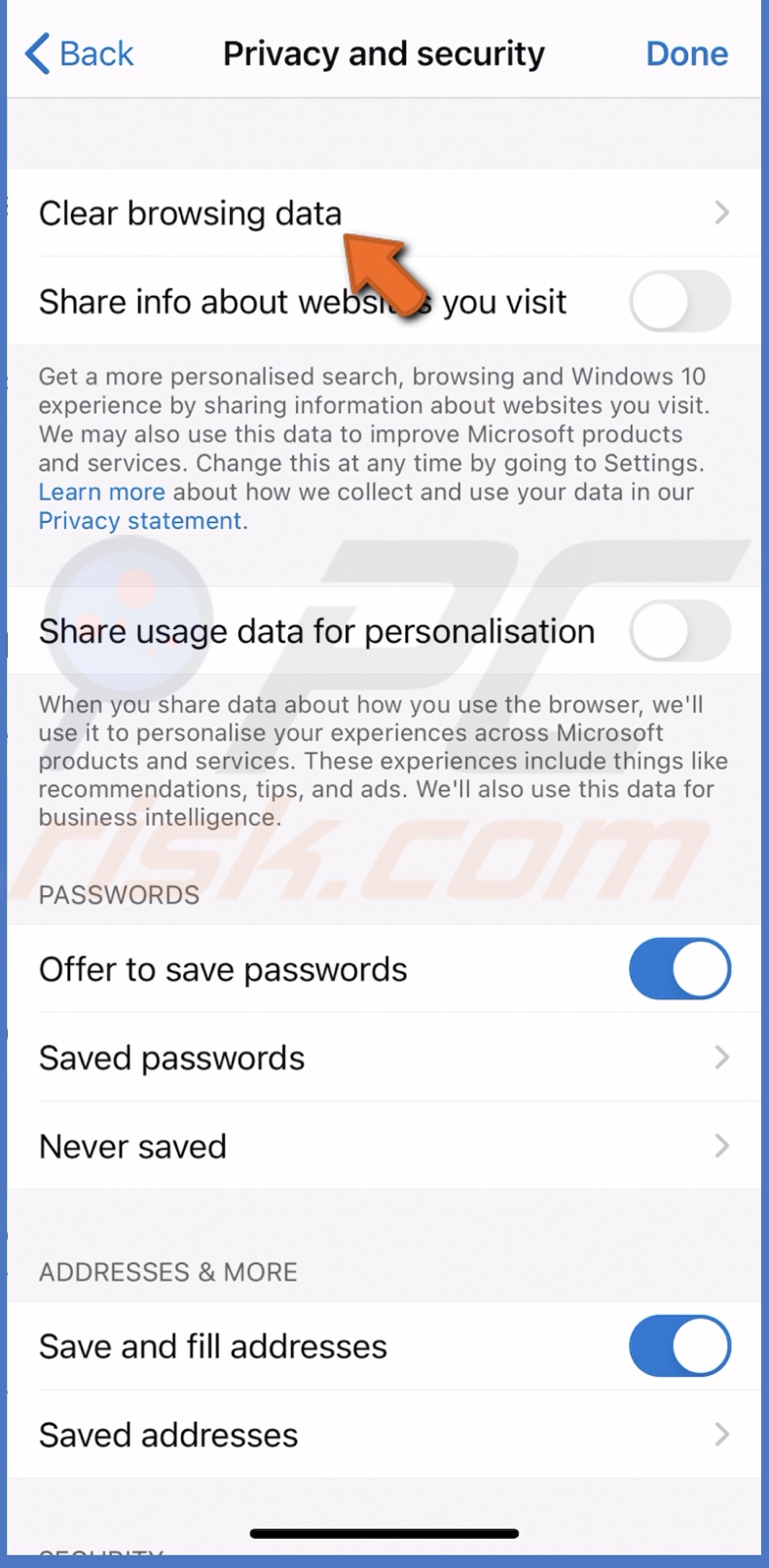 Go to Clear Browsing Data in iOS