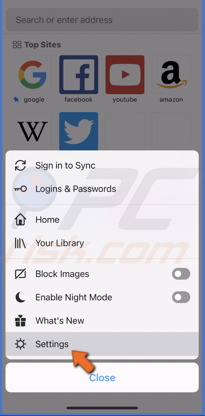 Go to Firefox settings in iOS