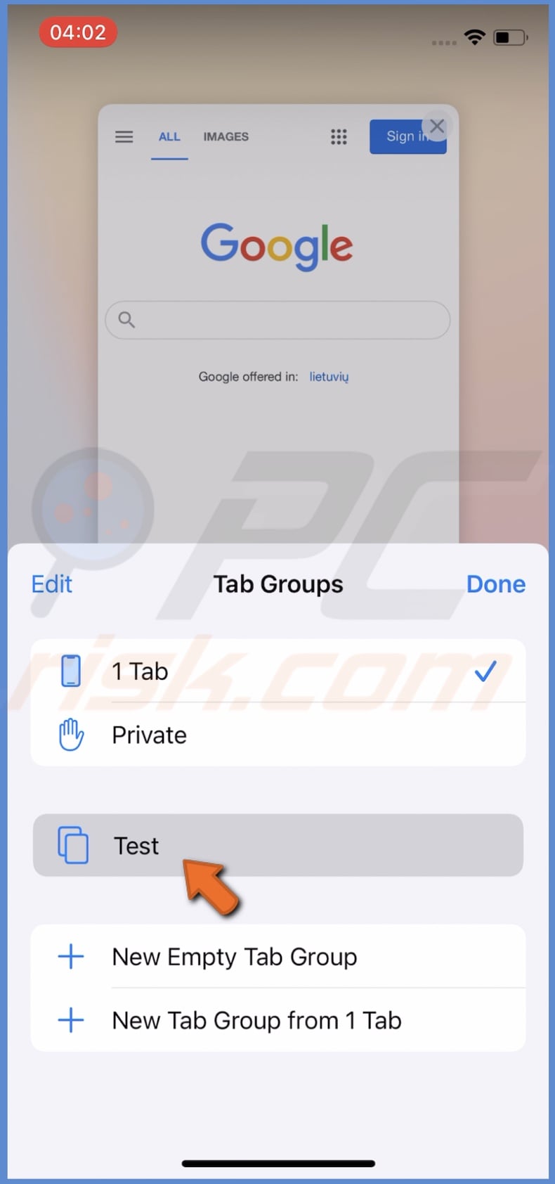 Tap and hold the tab group