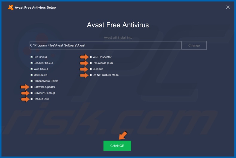 Uncheck unneccessary Avast components and clikc Change