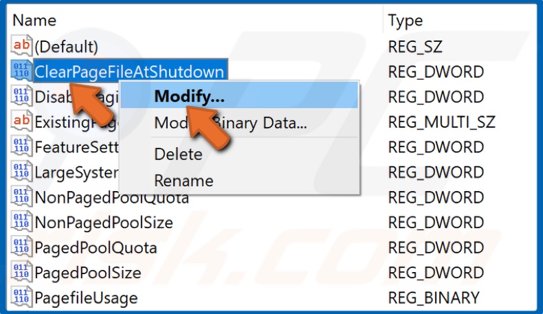 Right-click ClearPageFileAtShutdown and click Modify