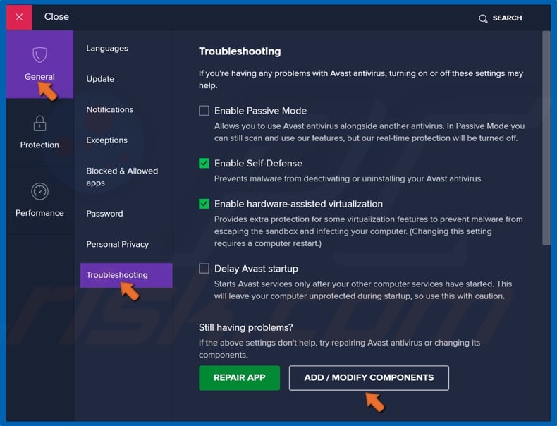 Select Troubleshooting and click Add / Modify Components