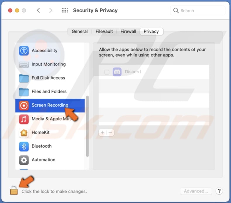 Unlock Screen Recording prefereneces