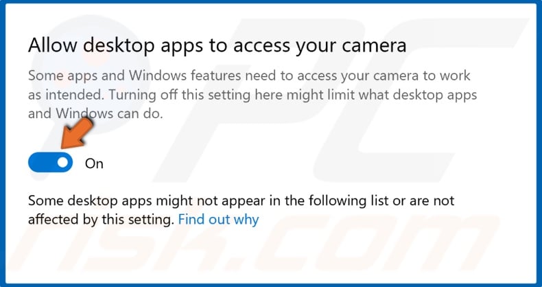 Allow desktop apps to access your camera
